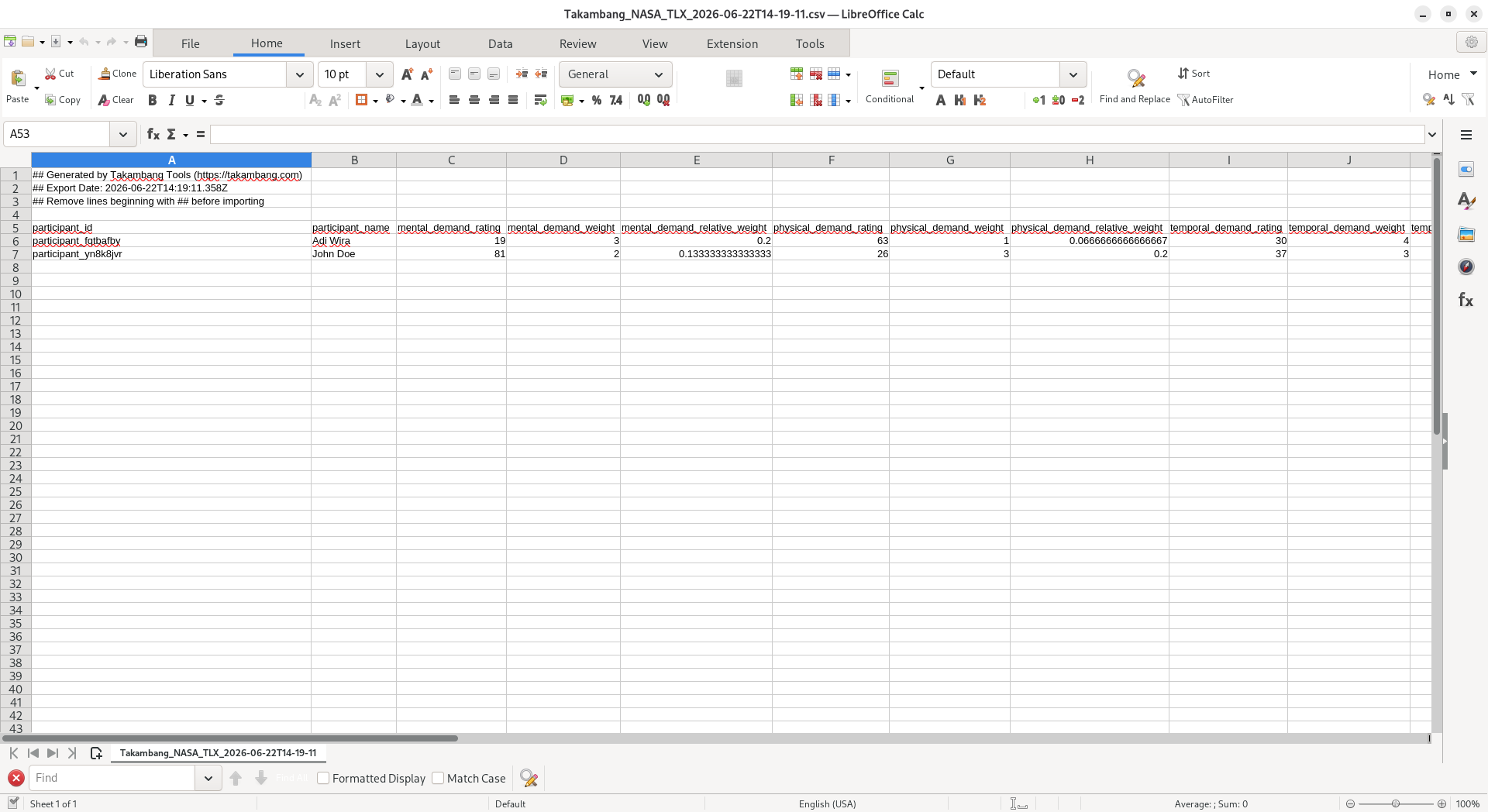 Example result of exported csv